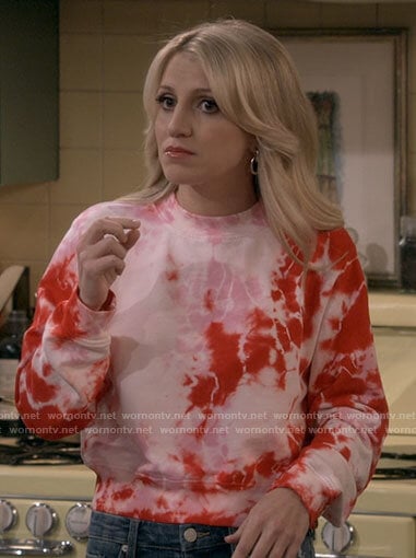 Gina’s red tie dye sweatshirt on B Positive