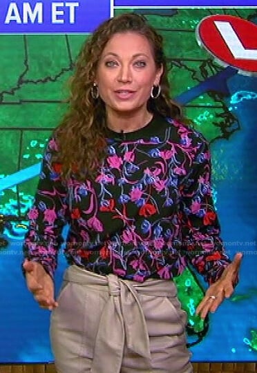 Ginger’s black floral top and tie waist pants on Good Morning America