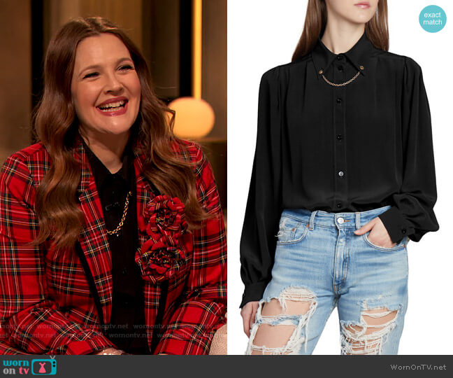 Givenchy Chain-Trimmed Silk Blouse worn by Drew Barrymore on The Drew Barrymore Show