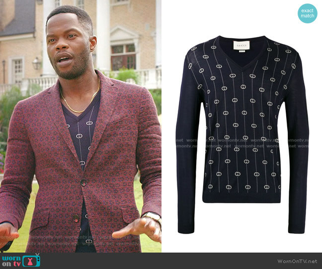 Gucci G Stripe V-neck jumper worn by Jeff Colby (Sam Adegoke) on Dynasty