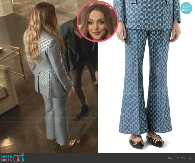 Gucci GG Metallic Flare Pants worn by Fallon Carrington (Elizabeth Gillies) on Dynasty