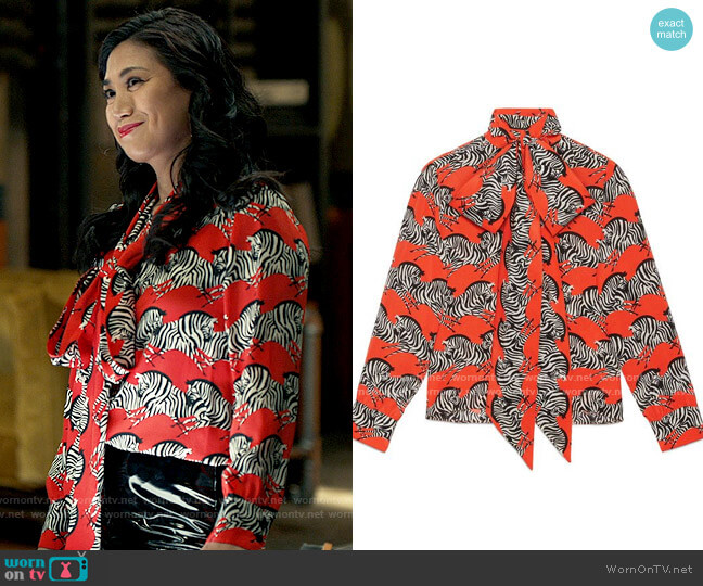 Gucci Zebra Print Bow Neck Shirt worn by Melody Bayani (Liza Lapira) on The Equalizer