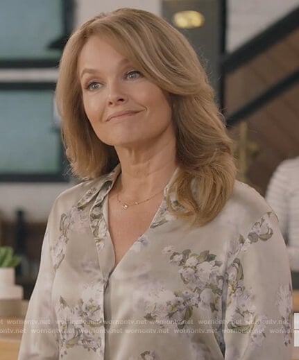 Gwen’s green floral satin blouse on All American
