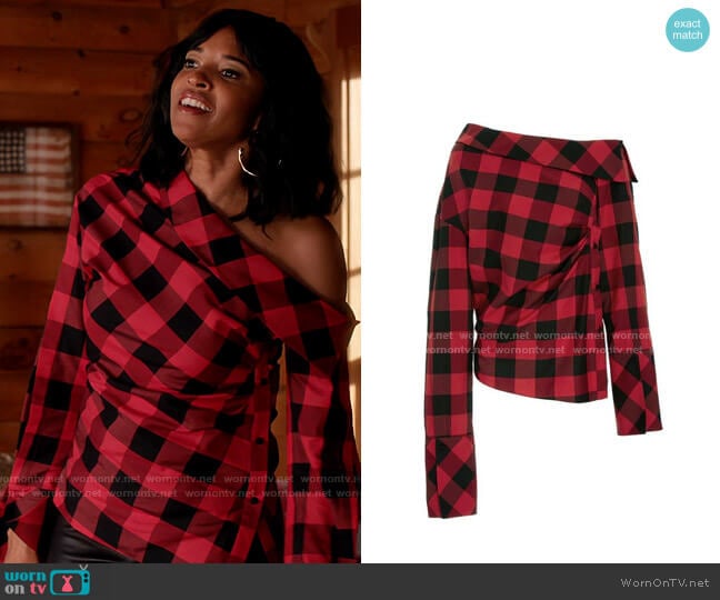 Hellessy Astrid Buffalo Check Blouse worn by Wickie Roy (Renée Elise Goldsberry) on Girls5eva