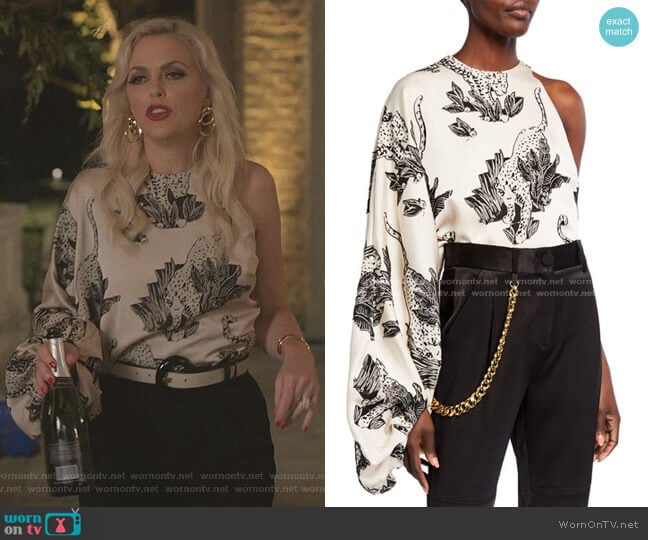 Hellessy Renata One-Sleeve Tiger-Print Top worn by Alexis Carrington (Elaine Hendrix) on Dynasty