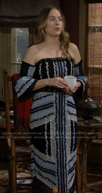 Hope’s blue and black lace off-shoulder midi dress on The Bold and the Beautiful