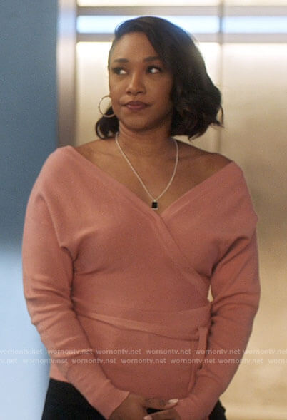 Iris’s pink wrap sweater on The Flash