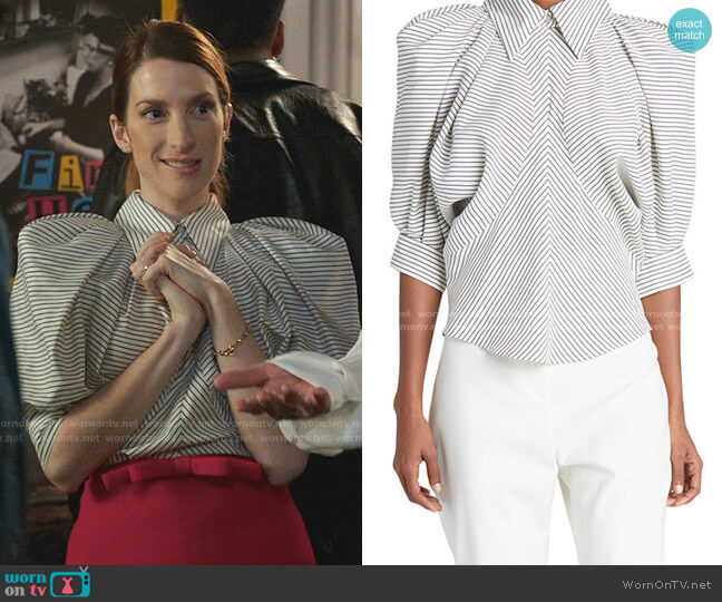 Isabel Marant Striped Puff-Sleeve Silk Top worn by Lauren (Molly Bernard) on Younger