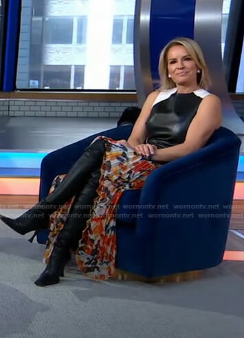 Jennifer’s colorblock leather top and floral skirt on Good Morning America
