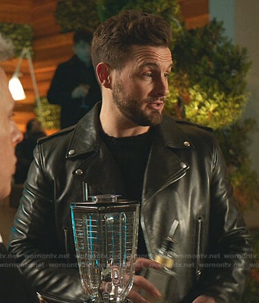 Josh’s black leather moto jacket on Younger