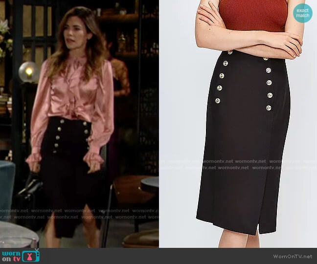 Karen Millen Tailored Button Pencil Skirt worn by Victoria Newman (Amelia Heinle) on The Young and the Restless