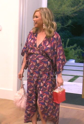 Kathy’s pink printed v-neck dress on The Real Housewives of Beverly Hills