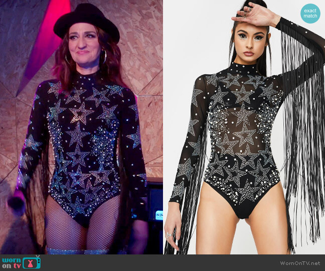 Kiki Riki Starlet Aura Fringe Bodysuit worn by Dawn Solano (Sara Bareilles) on Girls5eva