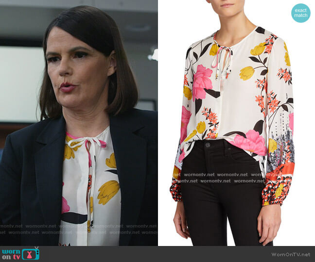 Kobi Halperin Noelle Floral Print Tie-Neck Blouse worn by Maggie Palmer (Suzanne Cryer) on All Rise