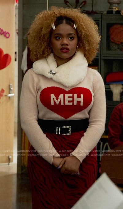 Kourtney’s MEH heart sweater on High School Musical The Musical The Series