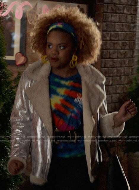 Kourtney’s silver fur trim jacket on High School Musical The Musical The Series