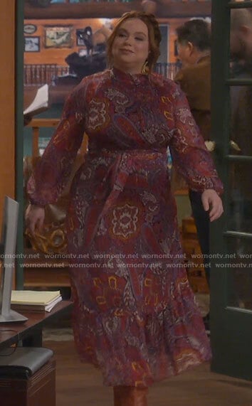Kristin’s red paisley print long sleeve midi dress on Last Man Standing