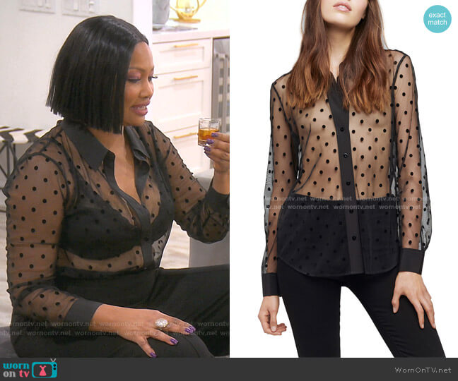 L'Agence Hailie Polka Dot Long-Sleeve Sheer Blouse worn by Garcelle Beauvais on The Real Housewives of Beverly Hills