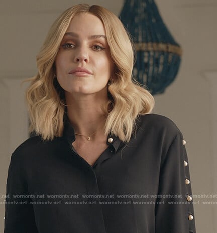 Laura’s black pearl embellished sleeve blouse on All American