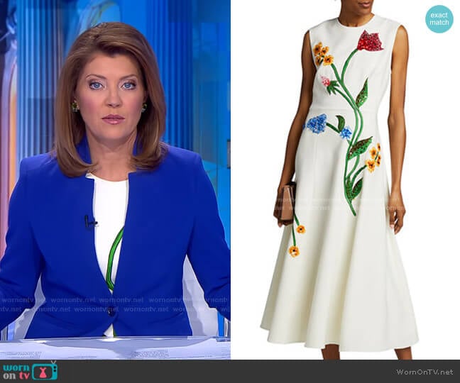 Lela Rose Floral-Embroidered Dress in Ivory worn by Norah O'Donnell on CBS Evening News