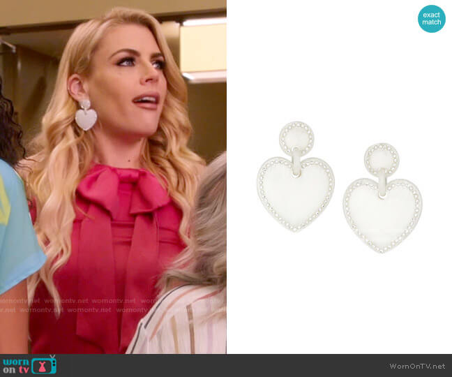 Lele Sadoughi Jeweled-Stitched White Heart Drop Earrings worn by Summer Dutkowsky (Busy Philipps) on Girls5eva
