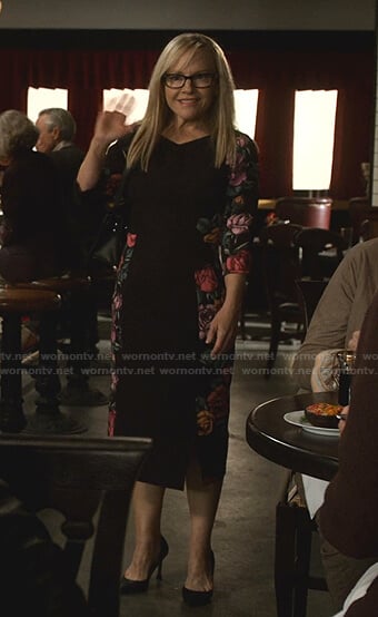 Linda’s black floral panel dress on Lucifer