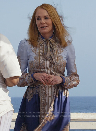 Lisa’s blue printed tie neck dress on All Rise