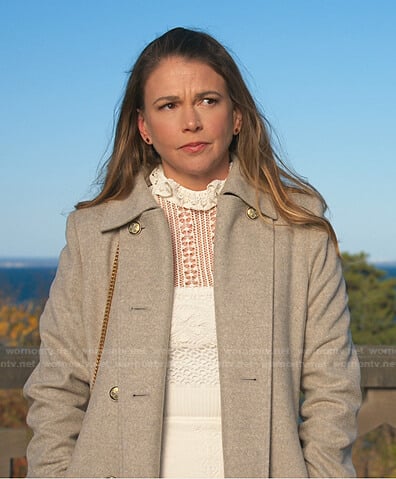 Liza’s grey double breasted coat on Younger