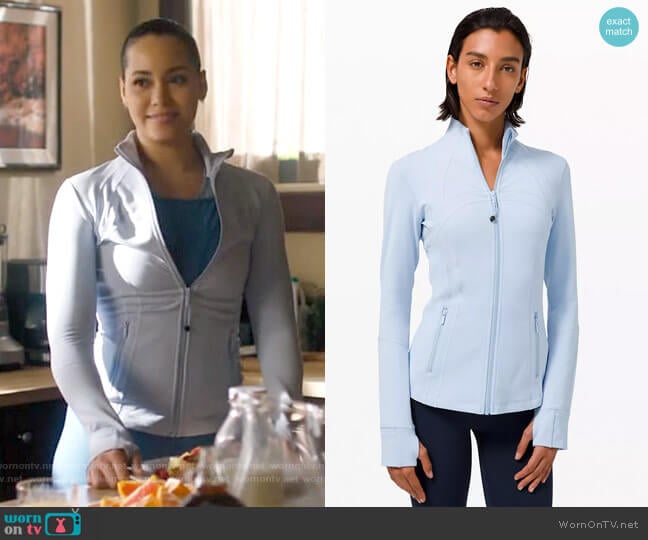 Lululemon Define Jacket in Blue Linen worn by Macy Vaughn (Madeleine Mantock) on Charmed