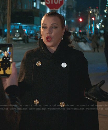 Maggie’s black double breasted cape coat on Younger