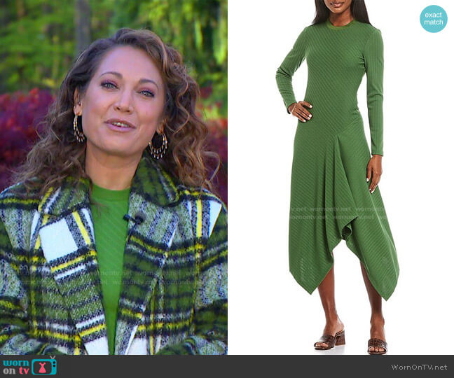 Maggy London City Rib Knit Asymmetrical Hem Midi Dress worn by Ginger Zee on Good Morning America