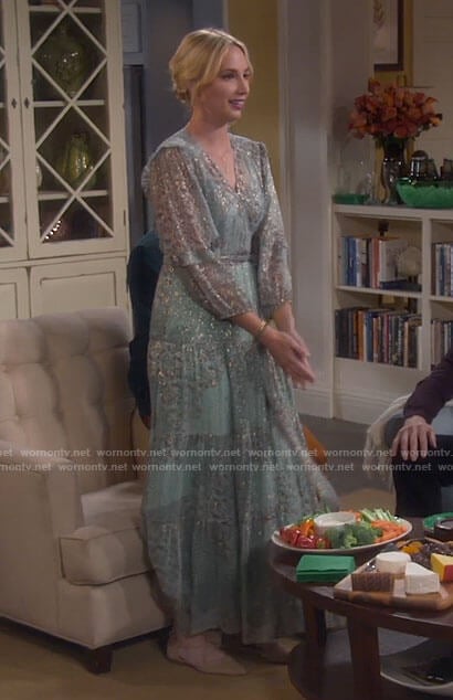 Mandy’s mint green metallic wrap dress on Last Man Standing
