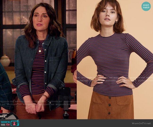 Marine Layer Lexi Rib Long Sleeve Crew in Eclipse/Auburn worn by Dawn Solano (Sara Bareilles) on Girls5eva