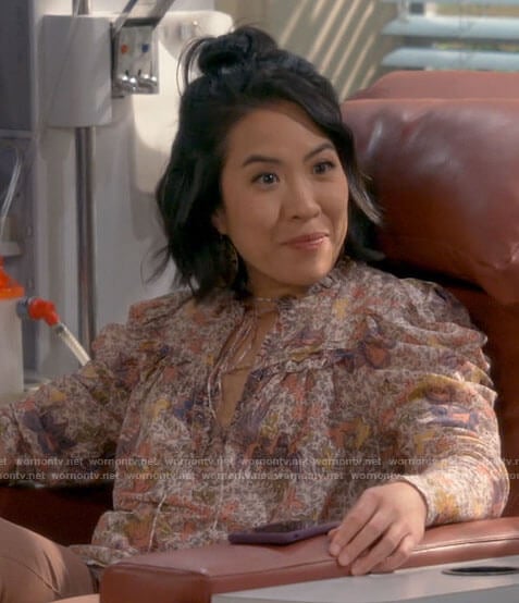 Megyn’s floral and bird print blouse on B Positive