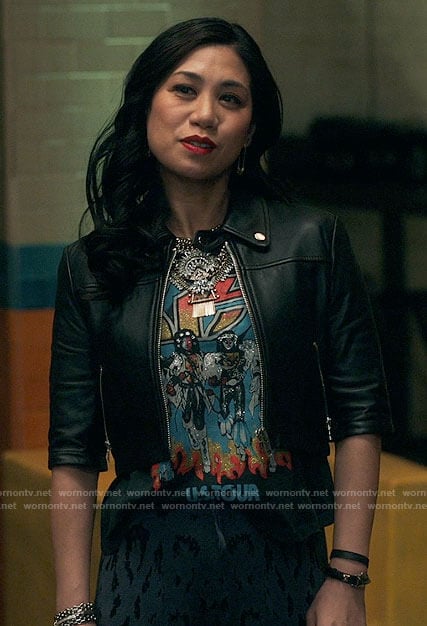 Mel’s KISS shirt and cropped leather jacket on The Equalizer