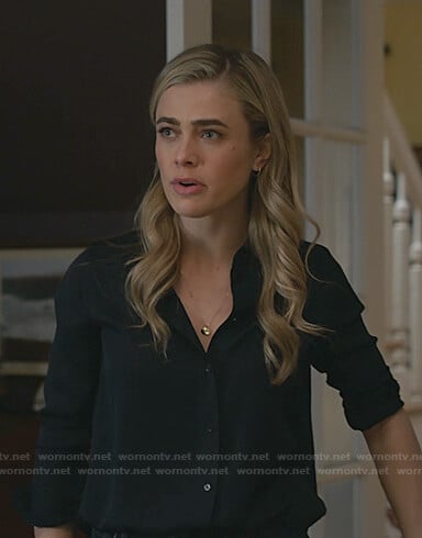 Michaela’s navy button up blouse on Manifest