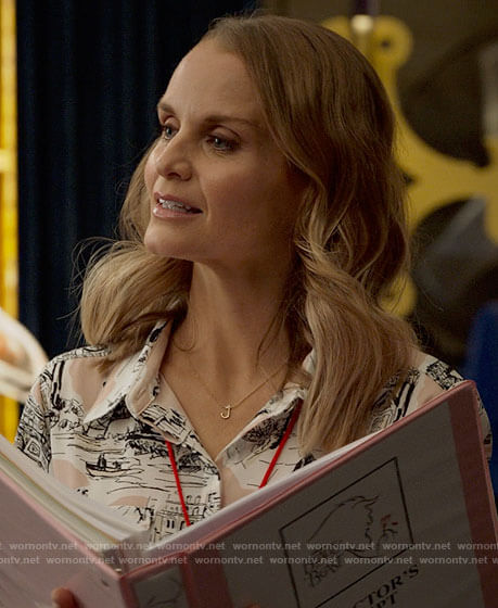 Miss Jenn’s pink Paris print blouse on High School Musical The Musical The Series