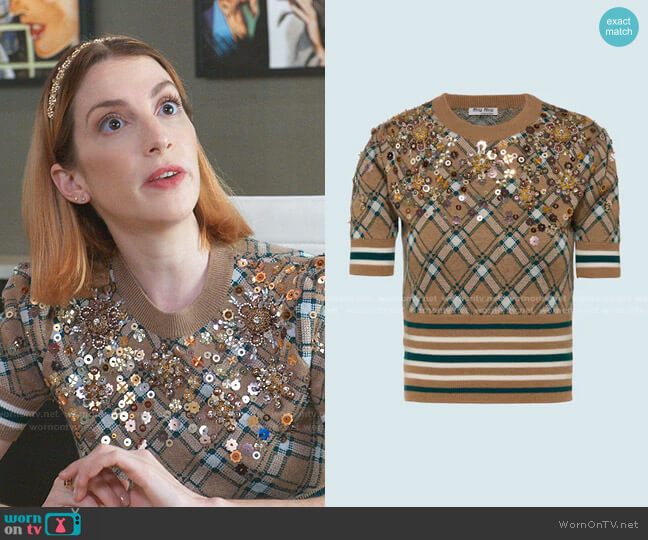 Miu Miu Embellished Wood Sweater worn by Lauren (Molly Bernard) on Younger