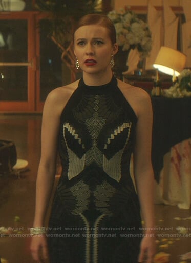 Nancy’s black knit halter neck dress on Nancy Drew