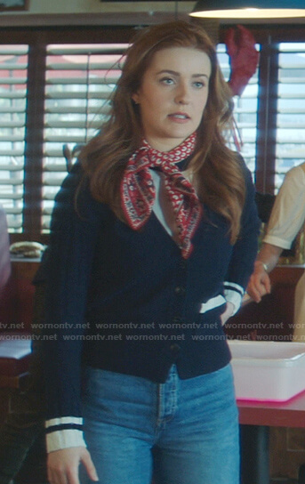 Nancy’s navy ribbed sleeve cardigan on Nancy Drew