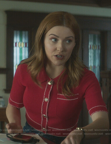 Nancy’s red cropped cardigan with white stitching on Nancy Drew