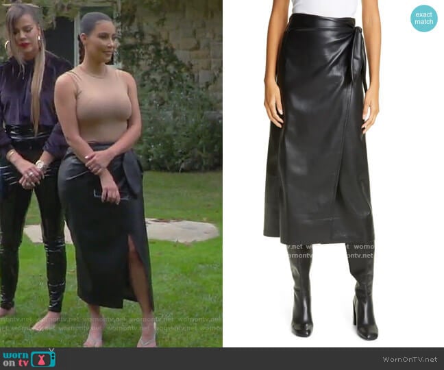 Nanushka Amas Vegan Leather Wrap Skirt worn by Kim Kardashian on Keeping Up with the Kardashians