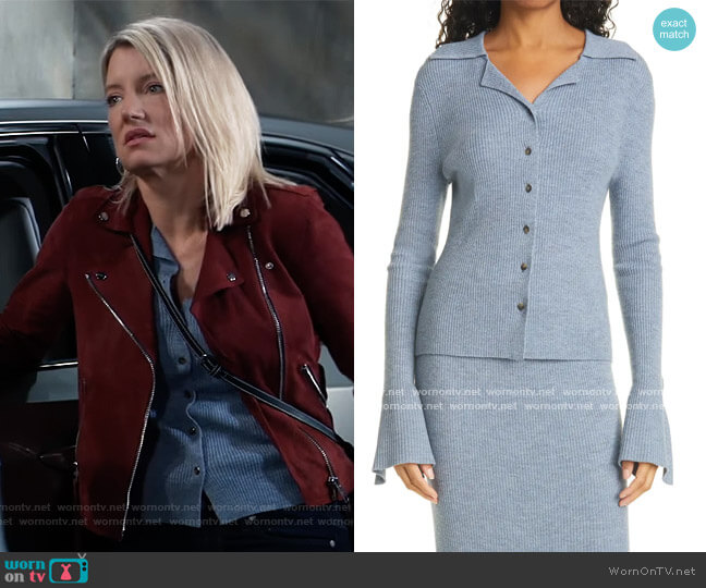 Nanushka Sid Rib Wool Blend Cardigan Sweater worn by Nina Reeves (Cynthia Watros) on General Hospital