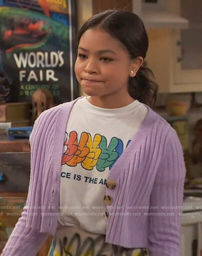 Nia’s lavender cropped cardigan on Ravens Home