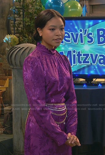 Nia’s purple leaf print dress on Ravens Home