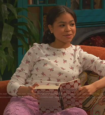 Nia’s white floral print top on Ravens Home