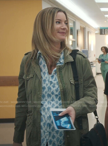 Nic’s paisley print shirt and green utility jacket on The Resident