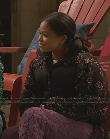 Nia’s floral puffer jacket and cable knit pants on Ravens Home