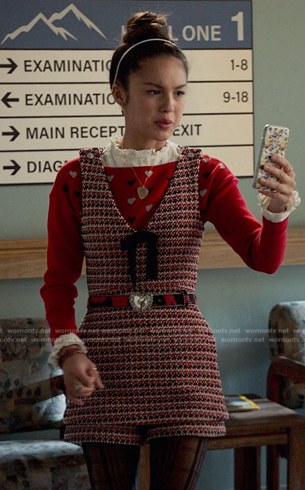 Nini’s red heart print sweater and tweed romper on High School Musical The Musical The Series