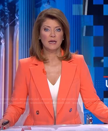Norah’s orange double breasted blazer on CBS Evening News
